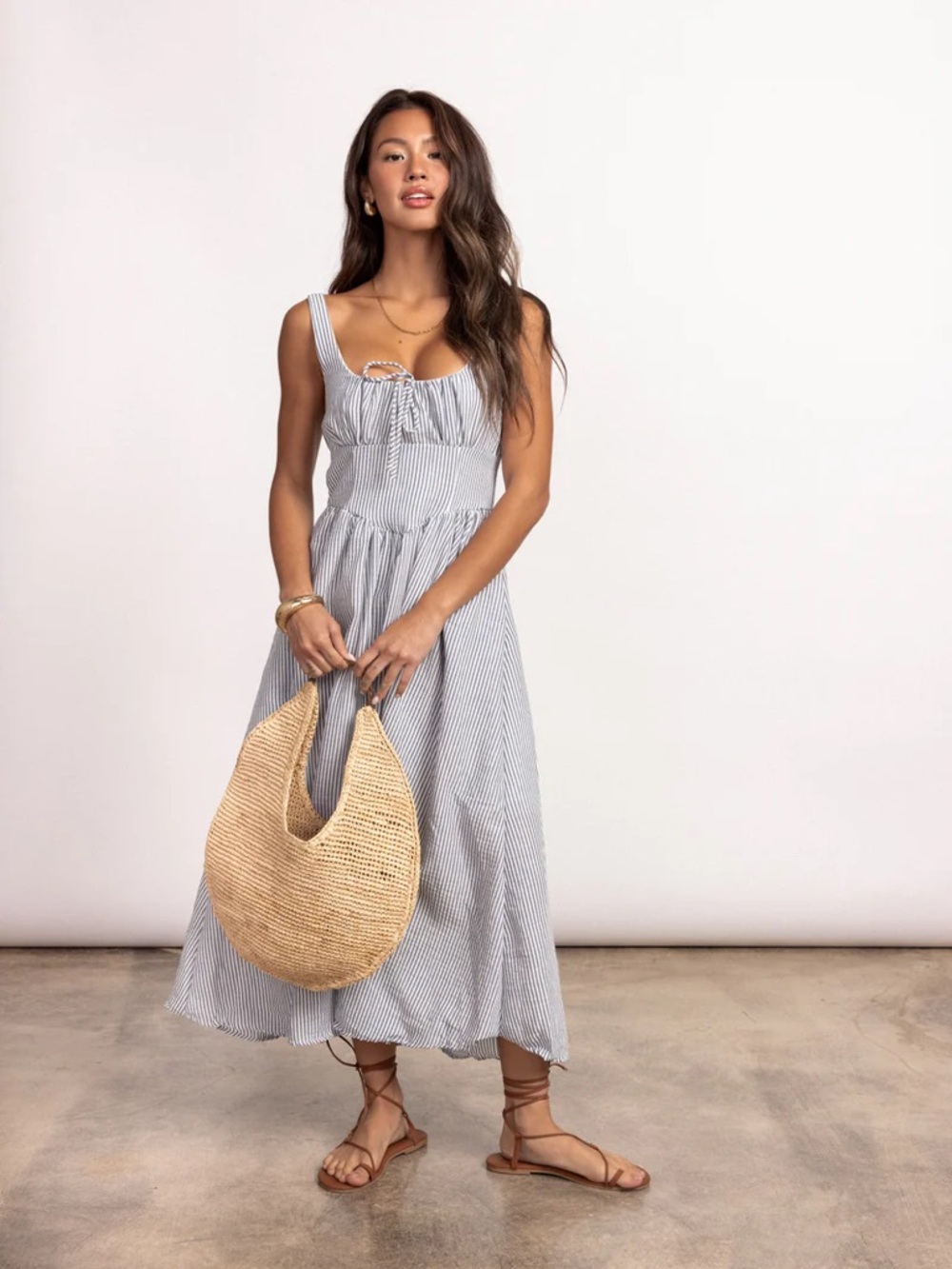 The Workshop Striped corset Sleeveless Midi Dress in Light Blue and White